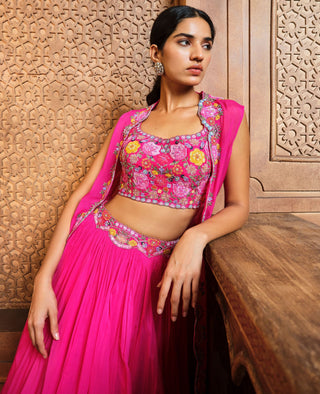 Aneesh Agarwaal-Fuchsia Pink Lehenga And Cape Set-INDIASPOPUP.COM