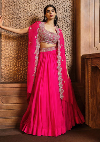Aneesh Agarwaal-Rani Pink Embroidered Lehenga And Cape Set-INDIASPOPUP.COM