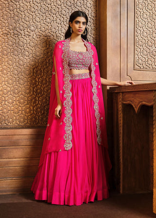 Aneesh Agarwaal-Rani Pink Embroidered Lehenga And Cape Set-INDIASPOPUP.COM