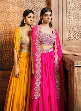 Aneesh Agarwaal-Mango Yellow Embroidered Lehenga And Cape Set-INDIASPOPUP.COM