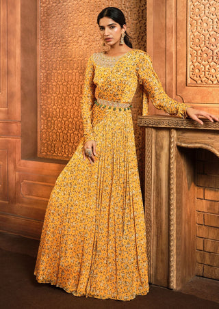 Aneesh Agarwaal-Yellow Floral Printed Draped Anarkali With Belt-INDIASPOPUP.COM