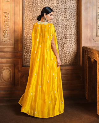 Aneesh Agarwaal-Yellow Pearl Embroidered Cape And Sharara Set-INDIASPOPUP.COM