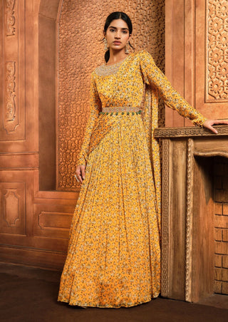 Aneesh Agarwaal-Yellow Floral Printed Draped Anarkali With Belt-INDIASPOPUP.COM
