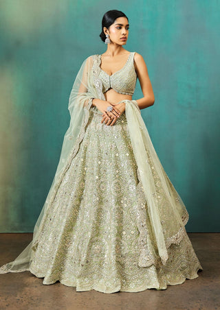 Aneesh Agarwaal-Sage Green Net Foil Lehenga Set-INDIASPOPUP.COM