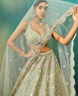 Aneesh Agarwaal-Sage Green Net Foil Lehenga Set-INDIASPOPUP.COM