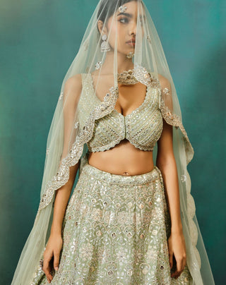 Aneesh Agarwaal-Sage Green Net Foil Lehenga Set-INDIASPOPUP.COM