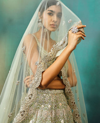 Aneesh Agarwaal-Sage Green Net Foil Lehenga Set-INDIASPOPUP.COM