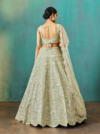 Aneesh Agarwaal-Sage Green Net Foil Lehenga Set-INDIASPOPUP.COM