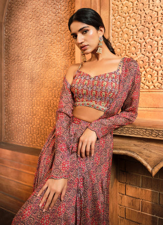 Aneesh Agarwaal-Brown Persian Printed Jacket Sharara Set-INDIASPOPUP.COM