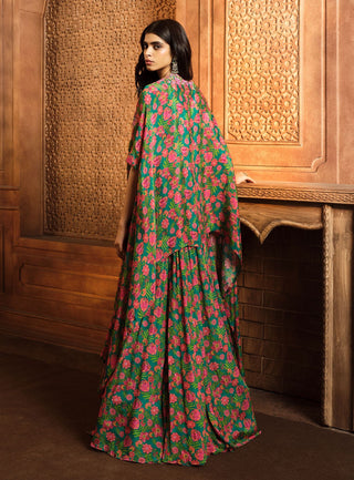 Aneesh Agarwaal-Emerald Green Printed Cape And Skirt Set-INDIASPOPUP.COM