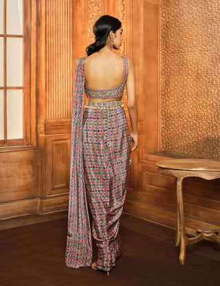 Aneesh Agarwaal-Olive Green Stripes Draped Sari Set-INDIASPOPUP.COM