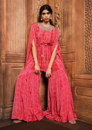 Aneesh Agarwaal-Vermillion Red Kaftan With Kali Sharara-INDIASPOPUP.COM