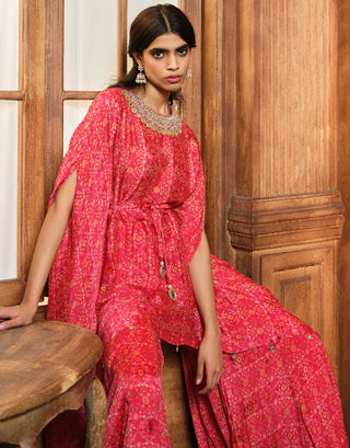 Aneesh Agarwaal-Vermillion Red Kaftan With Kali Sharara-INDIASPOPUP.COM