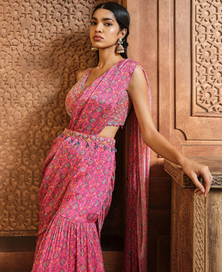 Aneesh Agarwaal-Pink Persian Printed Draped Sharara Sari Set-INDIASPOPUP.COM