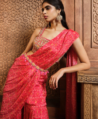Aneesh Agarwaal-Vermillion Red Printed Draped Sharara Sari Set-INDIASPOPUP.COM