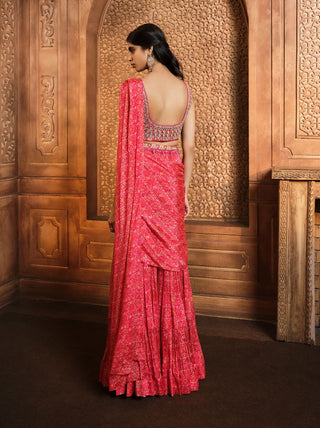 Aneesh Agarwaal-Vermillion Red Printed Draped Sharara Sari Set-INDIASPOPUP.COM