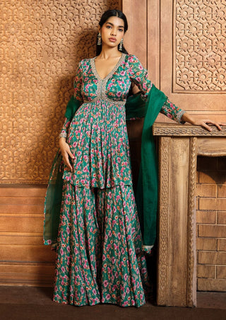 Aneesh Agarwaal-Emerald Green Printed Sharara Set-INDIASPOPUP.COM