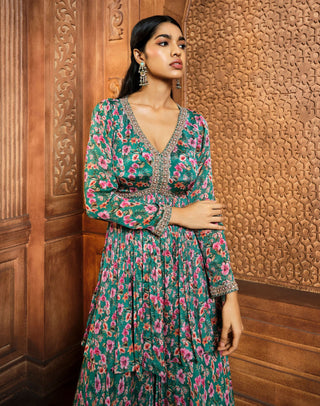 Aneesh Agarwaal-Emerald Green Printed Sharara Set-INDIASPOPUP.COM