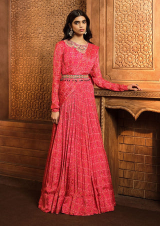 Aneesh Agarwaal-Vermillion Red Draped Anarkali With Belt-INDIASPOPUP.COM