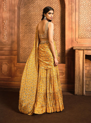 Aneesh Agarwaal-Yellow Floral Printed Draped Sharara Sari Set-INDIASPOPUP.COM