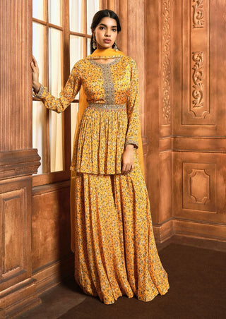 Aneesh Agarwaal-Yellow Floral Peplum Sharara Set-INDIASPOPUP.COM
