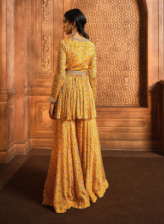 Aneesh Agarwaal-Yellow Floral Peplum Sharara Set-INDIASPOPUP.COM