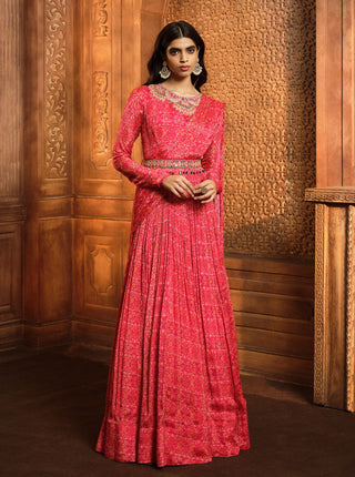 Aneesh Agarwaal-Vermillion Red Draped Anarkali With Belt-INDIASPOPUP.COM