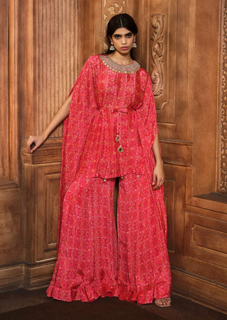 Aneesh Agarwaal-Vermillion Red Kaftan With Kali Sharara-INDIASPOPUP.COM