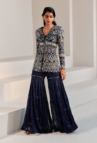 Ritika Mirchandani-Navy Blue Embroidered Kurta Sharara Set-INDIASPOPUP.COM
