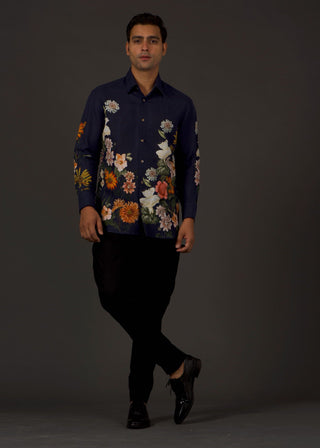 Balance By Rohit Bal-Indigo Floral Printed Shirt-INDIASPOPUP.COM