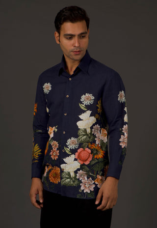 Balance By Rohit Bal-Indigo Floral Printed Shirt-INDIASPOPUP.COM