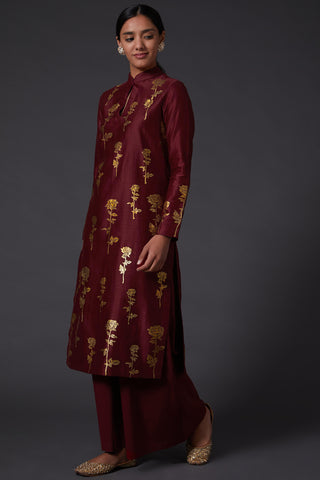 Balance By Rohit Bal-Wine & Gold Block Printed Kurta With Palazzo-INDIASPOPUP.COM