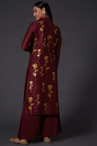 Balance By Rohit Bal-Wine & Gold Block Printed Kurta With Palazzo-INDIASPOPUP.COM