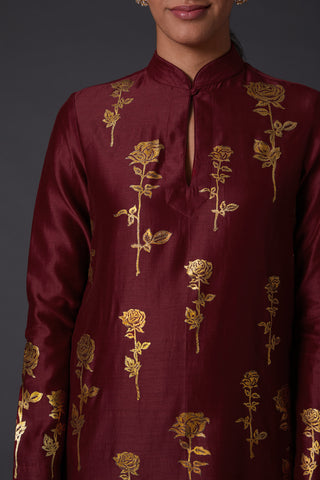 Balance By Rohit Bal-Wine & Gold Block Printed Kurta With Palazzo-INDIASPOPUP.COM