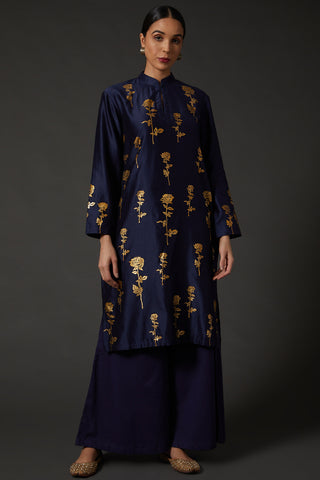 Balance By Rohit Bal-Indigo Blue Block Printed Kurta With Palazzo-INDIASPOPUP.COM