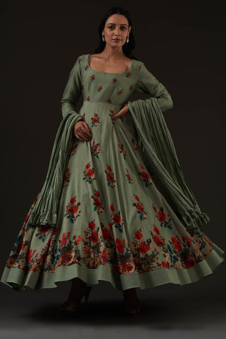 Balance By Rohit Bal-Sage Green Printed Anarkali Set-INDIASPOPUP.COM