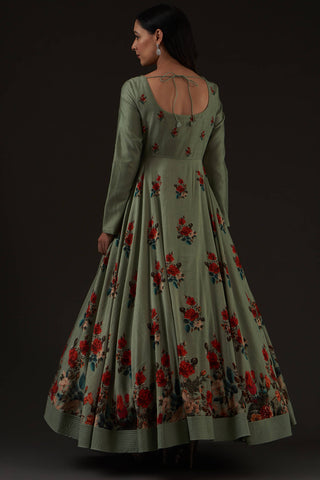 Balance By Rohit Bal-Sage Green Printed Anarkali Set-INDIASPOPUP.COM