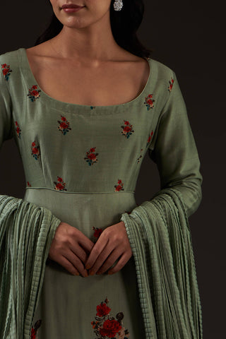 Balance By Rohit Bal-Sage Green Printed Anarkali Set-INDIASPOPUP.COM