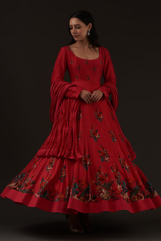 Balance By Rohit Bal-Ruby Red Printed Anarkali Set-INDIASPOPUP.COM