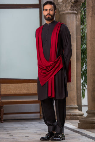 Arjun Kilachand-Black Colour Blocked Drape Kurta-INDIASPOPUP.COM