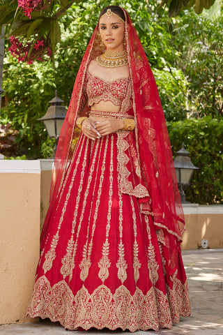 Nitika Gujral-Cardinal Red Raw Silk Lehenga Set-INDIASPOPUP.COM