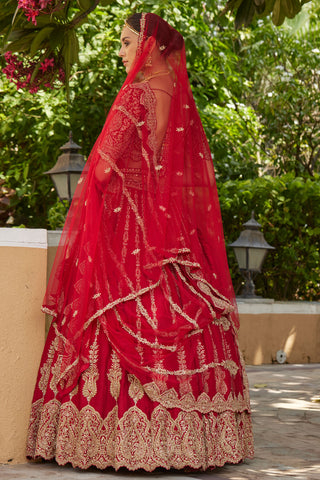 Nitika Gujral-Cardinal Red Raw Silk Lehenga Set-INDIASPOPUP.COM