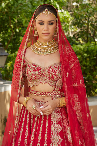 Nitika Gujral-Cardinal Red Raw Silk Lehenga Set-INDIASPOPUP.COM