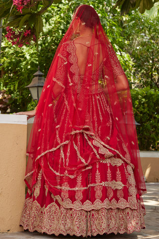 Nitika Gujral-Cardinal Red Raw Silk Lehenga Set-INDIASPOPUP.COM