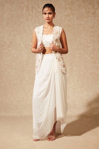Chamee And Palak-Off-White Amayra Jacket With Bustier And Skirt-INDIASPOPUP.COM