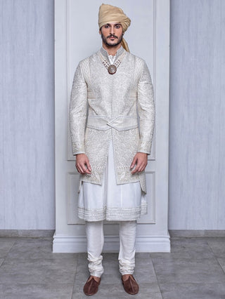 Arjun Kilachand-Champagne Raw Silk A-Line Sherwani-INDIASPOPUP.COM