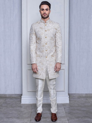 Arjun Kilachand-Champagne Raw Silk Achkan-INDIASPOPUP.COM
