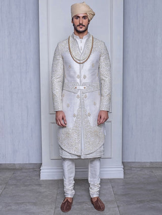 Arjun Kilachand-Champagne Raw Silk Angular Cut Sherwani-INDIASPOPUP.COM