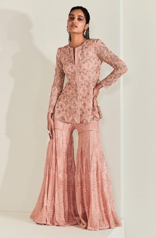 Ritika Mirchandani-Coral Pink Embroidered Kurta Sharara Set-INDIASPOPUP.COM