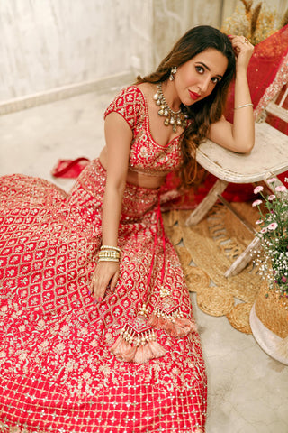 Chamee And Palak-Red Embroidered Lehenga Set-INDIASPOPUP.COM